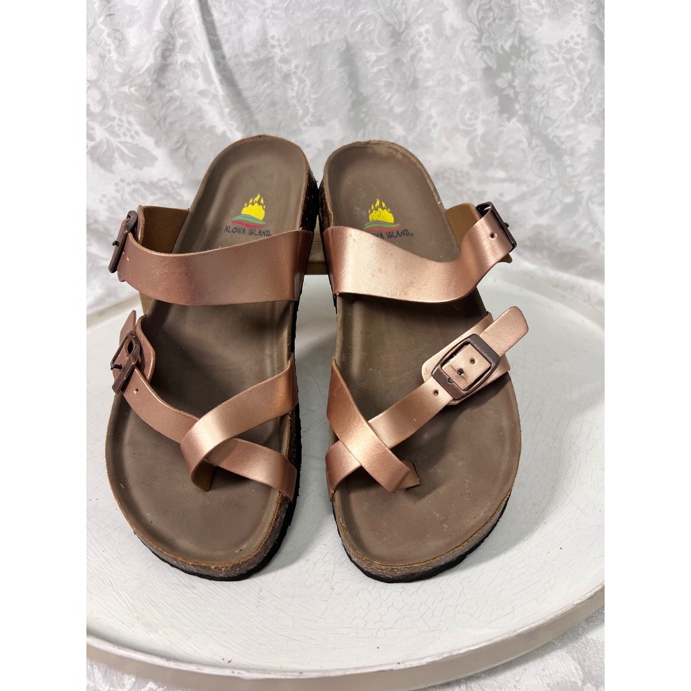 Aloha Island Sofi Rose Gold Metallic Double Strap Toe Loop Cork Sandals Size 7M